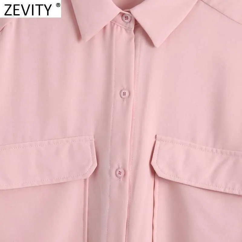 Zevity Kobiety Vintage Podwójne Kieszenie Patch Casual Smock Bluzka Kobieta Z Długim Rękawem Pojedyncze Koszulki Koszulki Chic Koszulki LS9257 210603