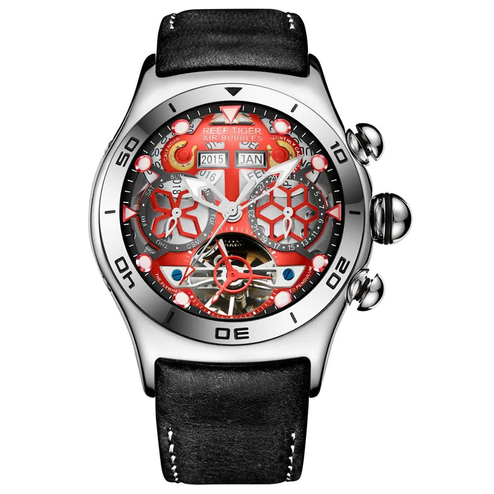 Rafa Tiger Mens Sport zegarki szkieletowe tarcza i ręce miesiąc datę dzień oglądać świecące czarne stalowe automatyczne zegarek RGA703282Q