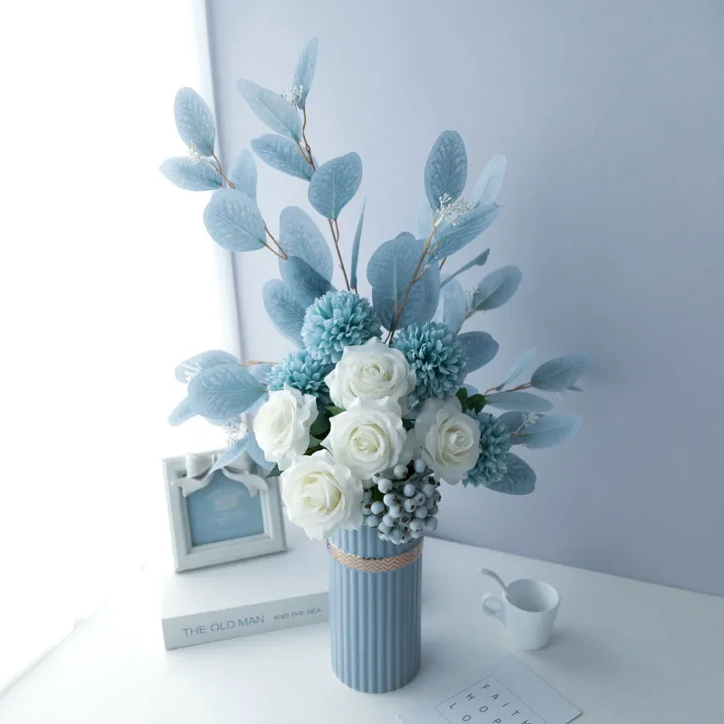Fleur de flocon de neige nordique, Simulation élégante, Rose blanche, Bouquet de mariée, fleurs artificielles en soie pour décoration de table à manger de maison 253T