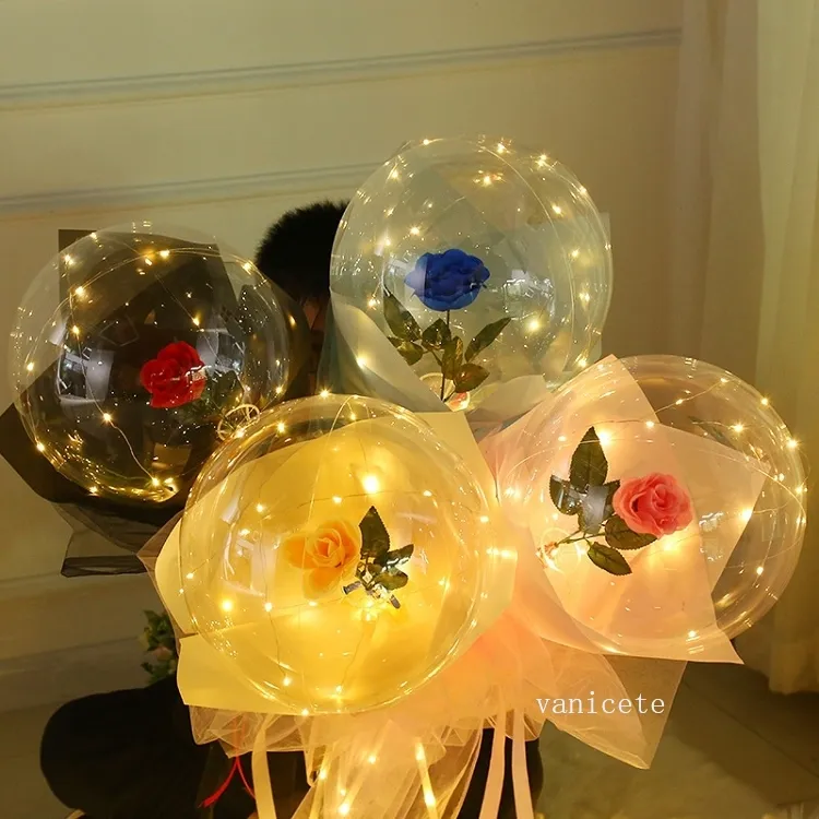 Party Favor Valentines Day Flashing Light Rose Bouquet LED Balloons Light Luminous Bobo Ball Lover Gifts Birthday Wedding by sea T2I53194