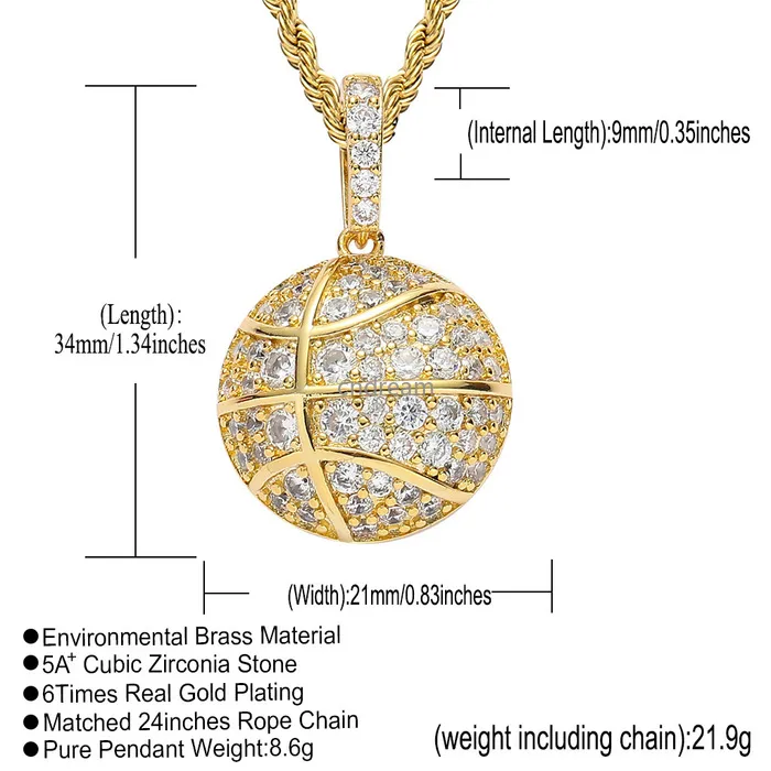 18k Gold Cubic Zirconia Basketball Football Necklace 60cm Golden Chains smycken Set Copper Diamond Hip Hop Sport Football Pendant 310e