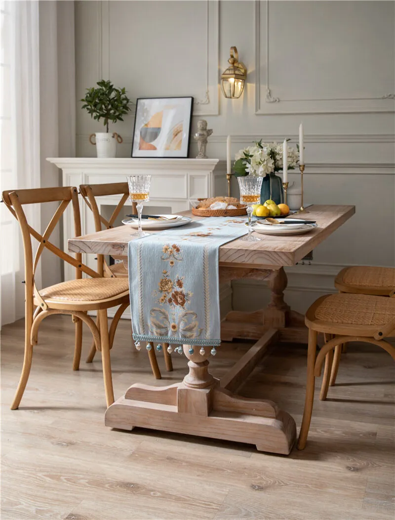 Luz luxo nórdico retrô luxo retângulo bordado flor corredor de mesa miçangas chenille à prova de poeira borla decoração de mesa