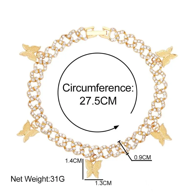 Tornozeleiras strass borboleta cubana link corrente para mulheres bling ouro prata cor grossa metal pé pulseira punk rock perna jóias296n