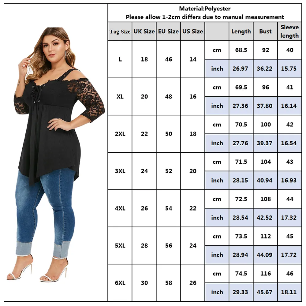 6XL grande taille femmes chemise épaules dénudées dames hauts dentelle à manches longues noir Blouses chemise décontracté irrégulier Streetwear femme D25 210302