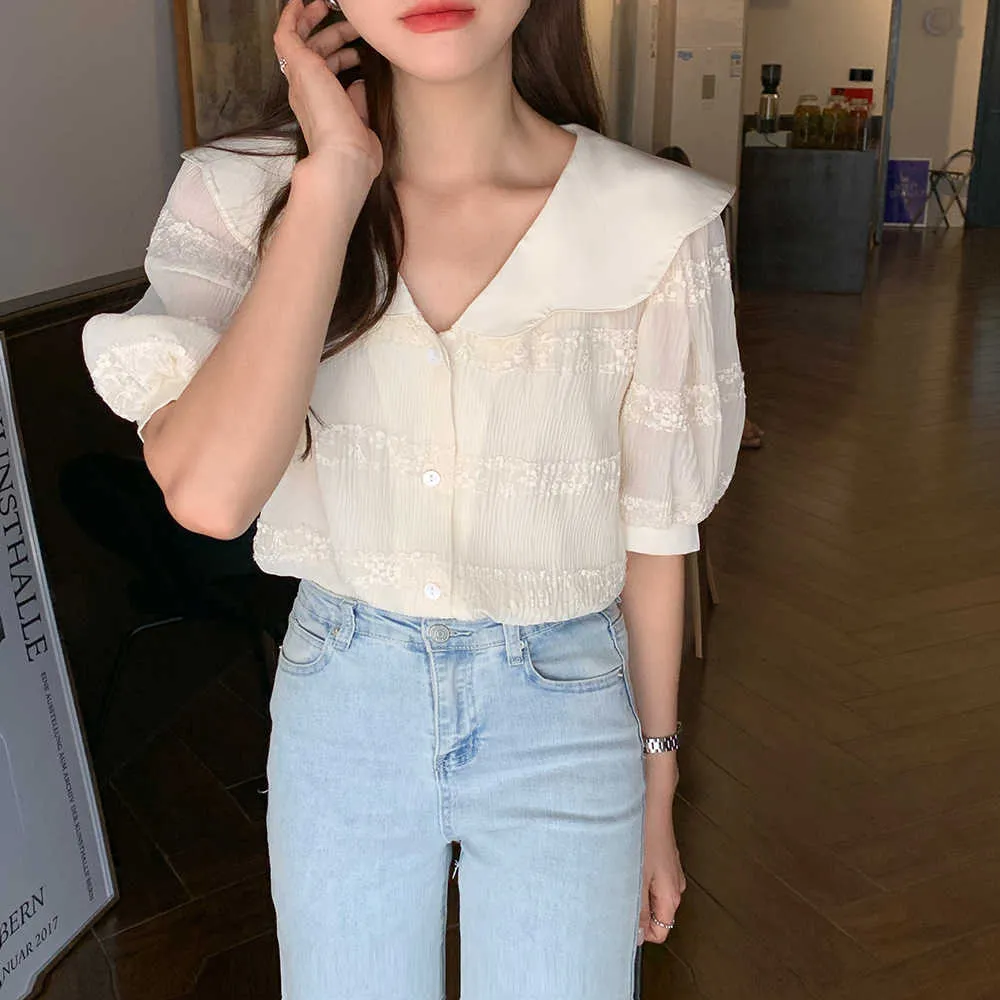 Retro Gentle Summer High Street Florals T-shirts Peter Pan Collar Girls Sweet Stylish Femme Chic Prom Lady Tops 210525