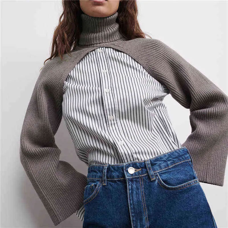 Kvinnor Arm Warmers Crop Stickad Sweater 2021 Fashion Vintage Turtleneck Långärmad Kvinna Pullovers Chic Tops Y1110