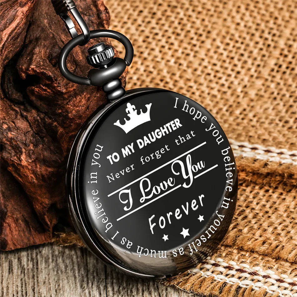 Naar mijn dochter L Love You Gravure Tekst Quartz Pocket Watch Hot Nieuwe verjaardagsklok Gifts Meisjes aanwezig met geschenkdoos