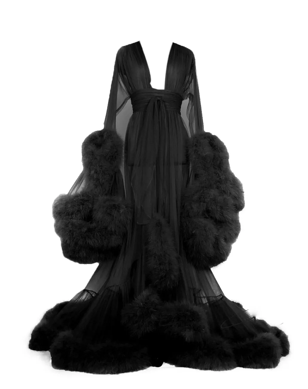 2021 Black Fur Night Robe Bridal Long Rleeves Flear Fey Through Sexy Party Nightgowns szaty na zamówienie 213e