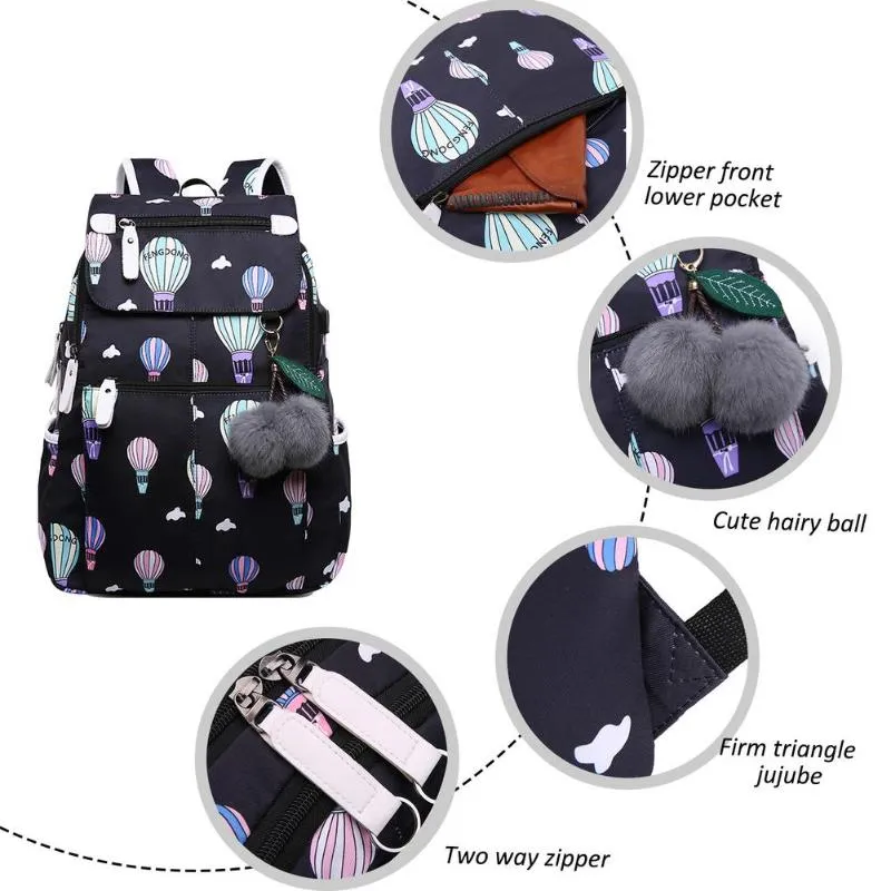 Torby szkolne USB Charge plecak moda dla dziewcząt Black Plush Ball Girl School Cherry Blossom Decoration2554