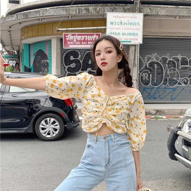 Vintage Puff Sleeve Floral Blouse Women Short Sweet Designer Chiffon Tops Female Spring Casual Lady Sexy Party Clothes 210604