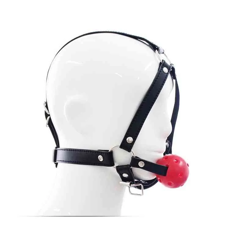 PU Leather Head Harness Bondage Open Mouth Gag Restraint Red Silicone Ball Adult Fetish SM Sex Game Toys for Women Couple8321207