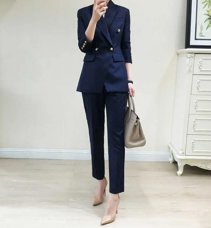 Höst Kvinnors passar byxor uppsättning högkvalitativt temperament dubbelbröst randig kostymjacka Kvinna Stor storlek XL-5XL Slim 210527
