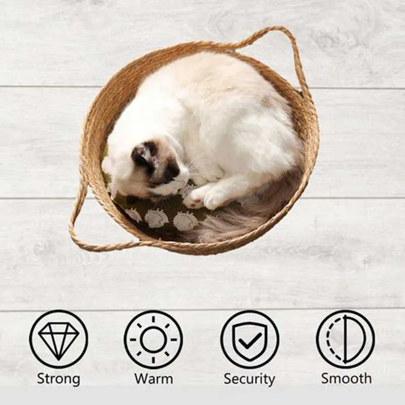 Pet Bed for Cats Supplies Hand Woven Rattan Soft Round Basket Nest Breathable Mat Sleeping Cool 211006