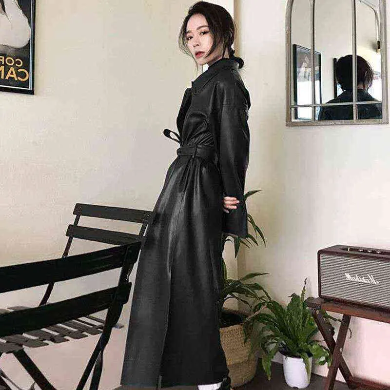 Automne Long Femmes PU Vestes en cuir Turn Down Collier Femme Faux Cuir Trench Coats avec poches Vestes de ceinture à poitrine unique 211110