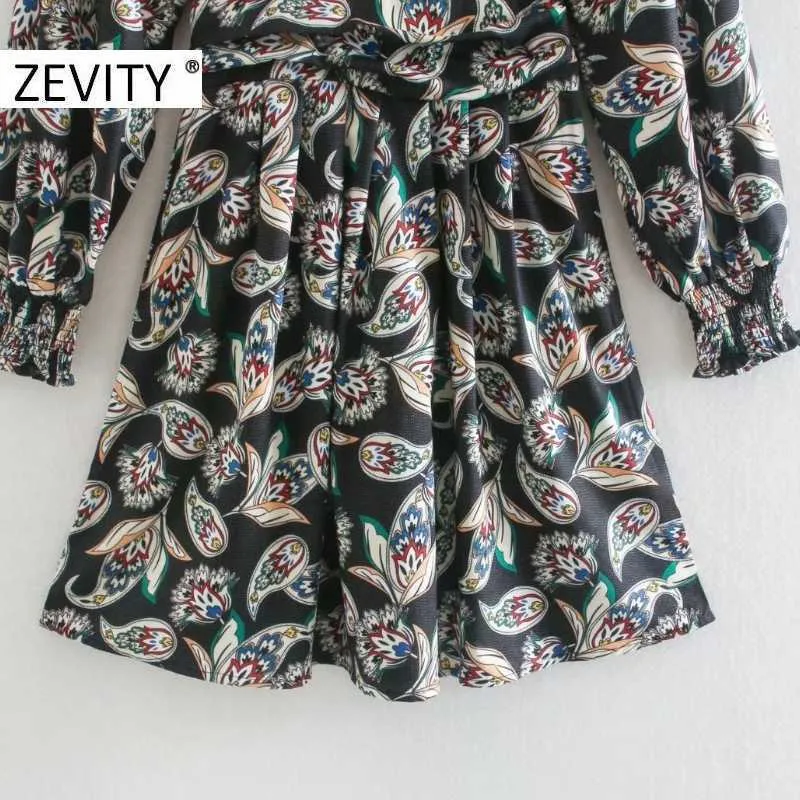 Zevity Autunno Donna Vintage Scollo a V Anacardi Fiore Stampa Vita Mini Abito Donna Chic Manica Lunga Casual Partito Vestido DS4555 210603