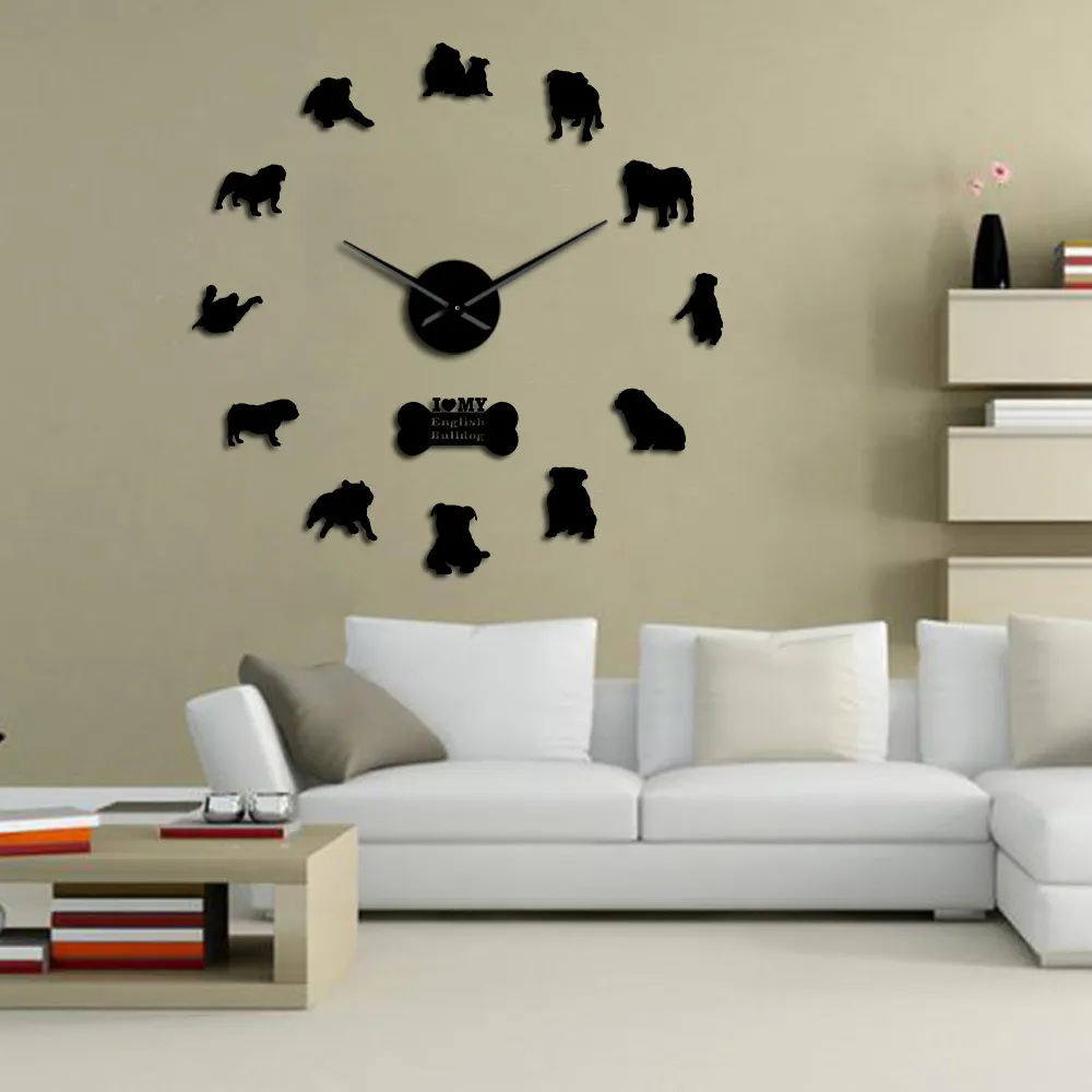 Englische Heimatkoration Britische Bulldoggen Silhouetten Kunst DIY Große Uhren Big Time Wall Clock 2103101340677