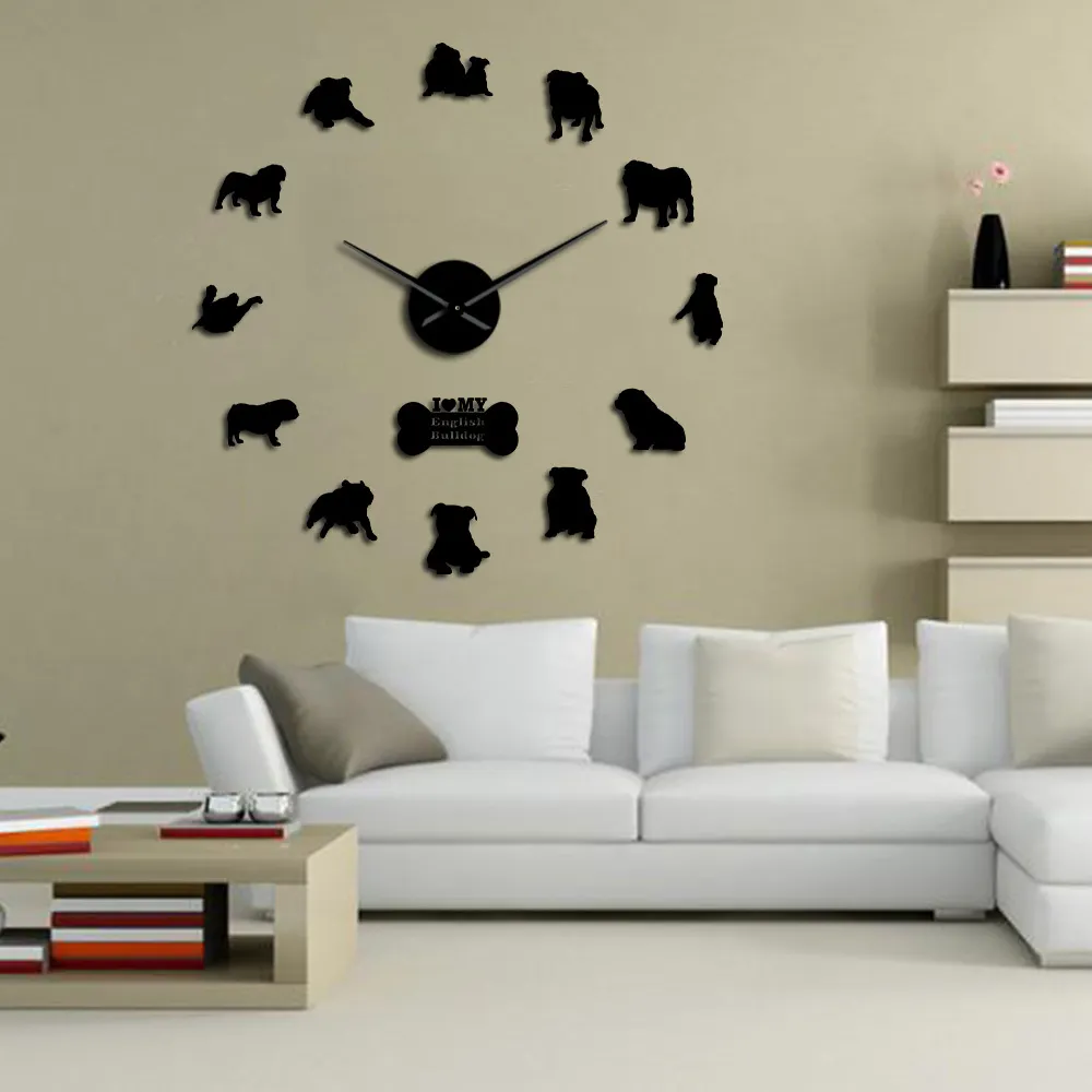 English Home Decor British Bulldog Silhouettes Art DIY Large Timepieces Big Time Wall Clock 2103108009618