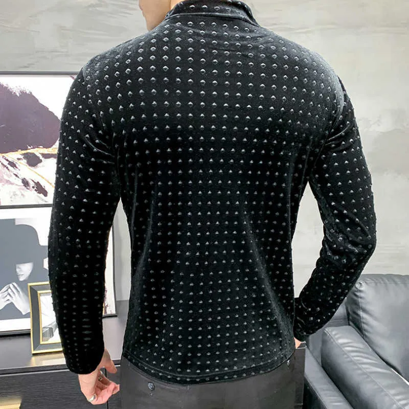 Fashion Polka Dot Men T-shirt Autumn Velour Warm T Shirt Long Sleeve Half Turtleneck Slim Fit T-shirt Streetwear Casual Tees Top 210527