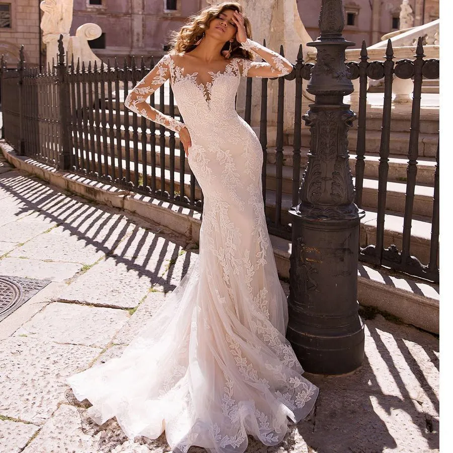 Bröllopsklänning med löstagbar tåg vestido de novia Sirena Sexig spets sjöjungfruklänningar ren mesh topp långa ärmar brudklänningar1777