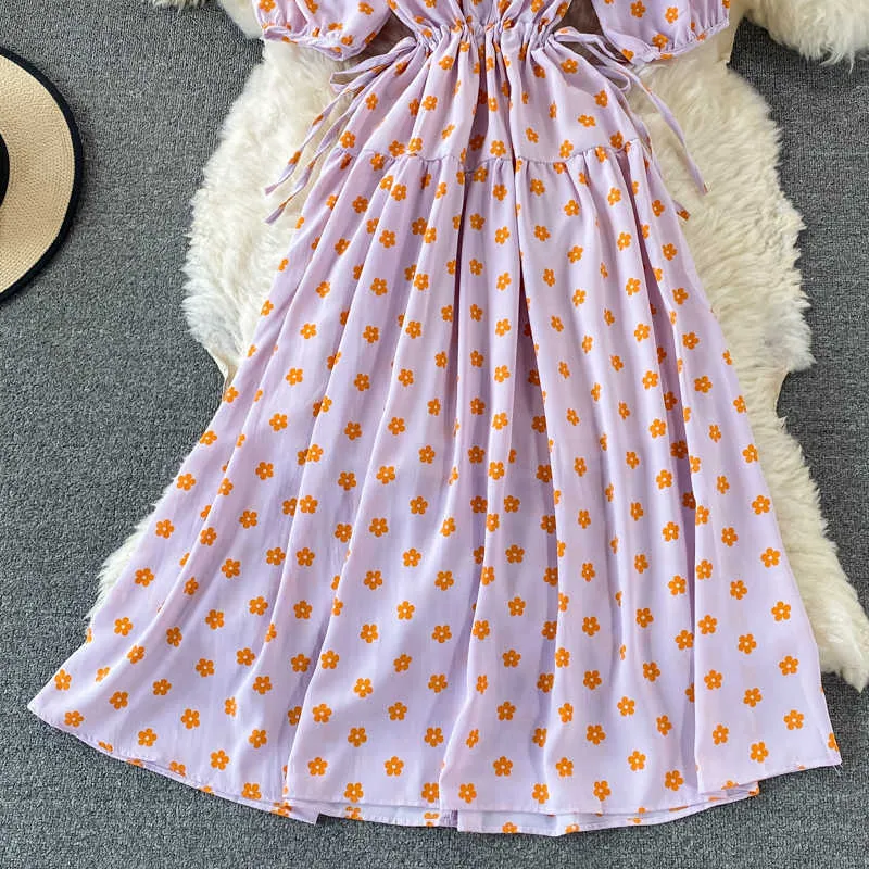 Été fleur imprimé Robe mi-longue femmes Vintage manches courtes bouffantes tirer chaîne grande balançoire Vestidos élégant fête décontracté Robe 2021 Y0603