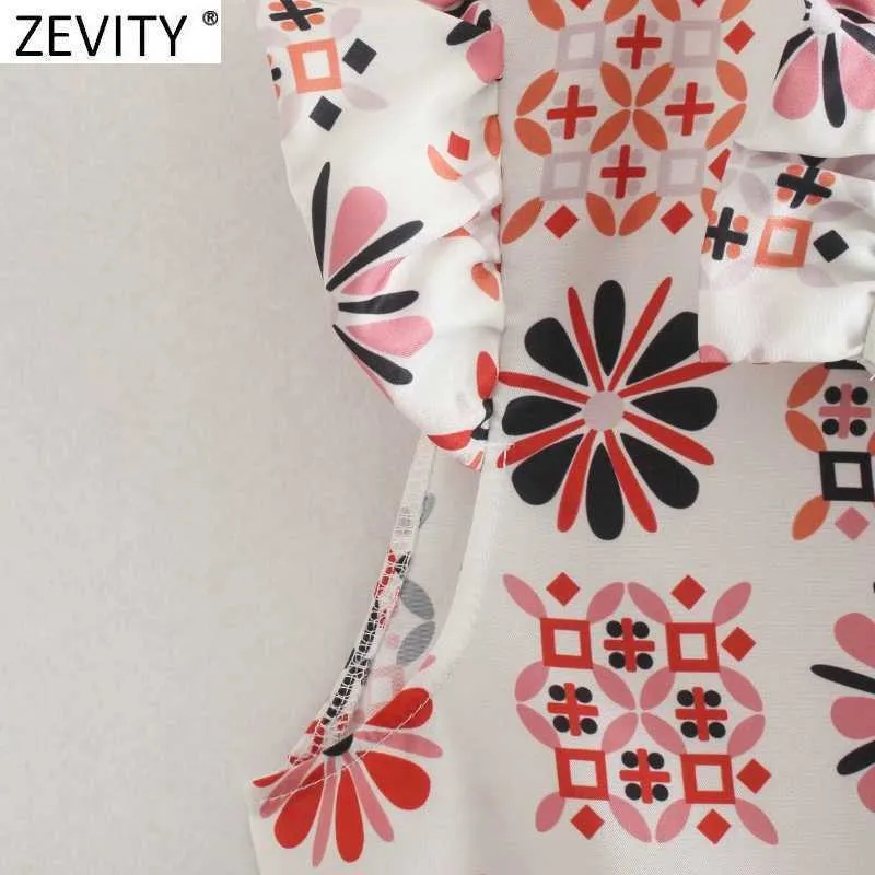 Zeveity Holiday Style Женщины сладкие плисситые оборками лоскутное цветочное печать повседневные рубашки платье женское шикарное лук ютные цыпочки vestidos ds8178 210603