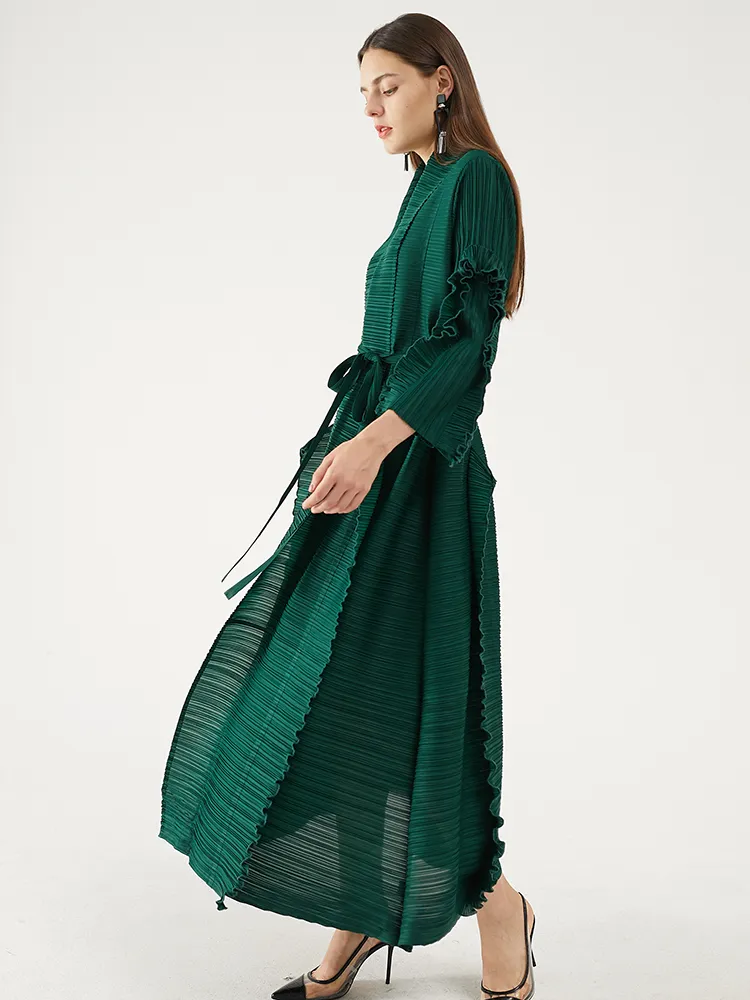 Miyake plissé à manches longues pétale robe revers cardigan ceintures plus la taille haute longue robe verte hiver femmes vêtements esthétiques 210303