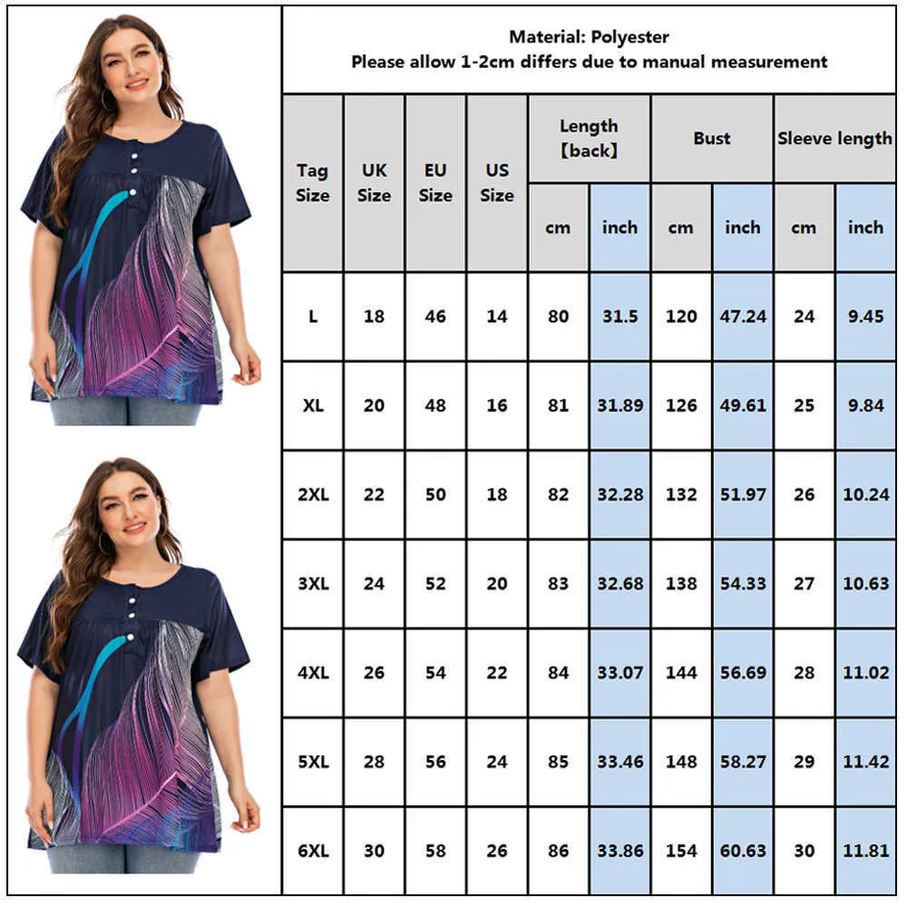 6XL Plus Size Pritn T-shirt Donna Estate manica corta T-shirt Donna Casual Maglietta allentata T-shirt Casual Button Ladies Top 210722