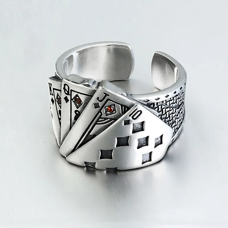 925 Sterling Silver Ring Playing Card Chunky Cubic Zirconia Engraved Adjustable For Men Vintage Wholesale Jewelry