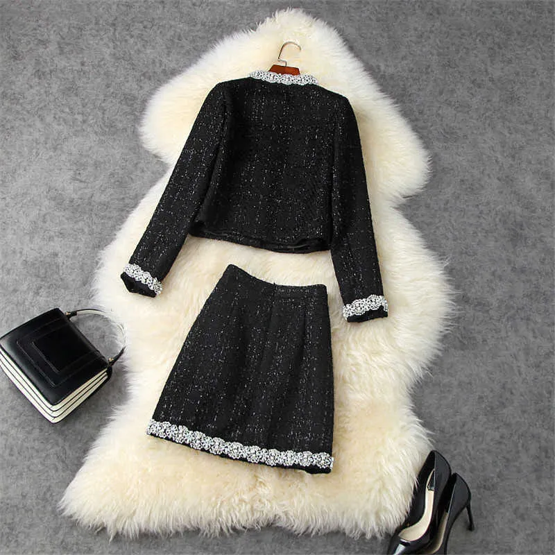 Hohe Qualität Designer Winter Runway 2 Stück Set Frauen Langarm Luxus Perlen Tweed Wolljacke und Rock Anzug Outfits 210601