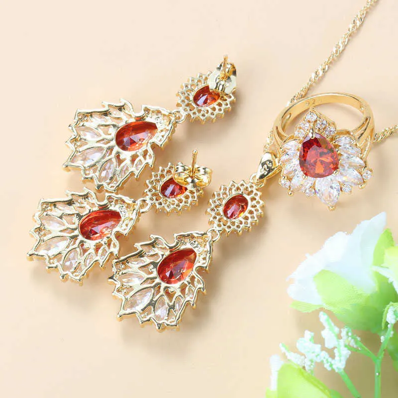 6-farben Frauen Hochzeit Kostüm AAA + Qualität Rot Granat Weiß Kristall Gelb Gold Farbe Große Vier-Stück schmuck Sets Für Frauen H1022