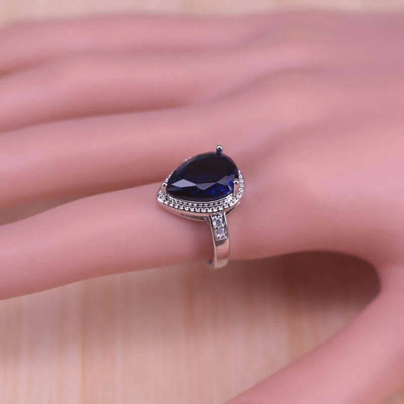 Grande goutte d'eau pierre bleue couleur argent bijoux pour femmes bijoux de mariée boucles d'oreilles anneau collier Bracelet ensemble en magasin H1022