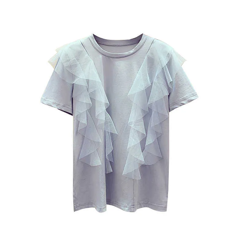Mesh Couture T-shirts Femmes Coton à manches courtes Col rond Dames Summer Style coréen Ops 210615