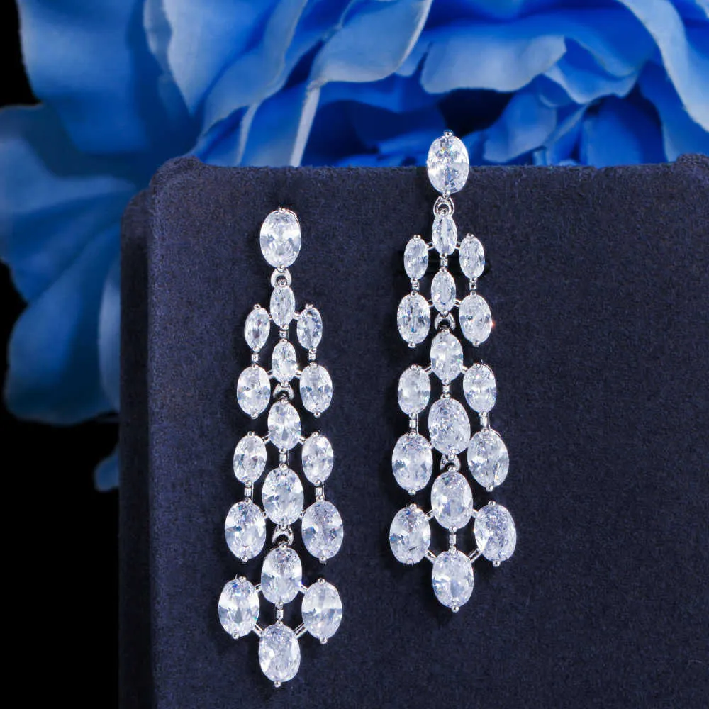 Elegant Water Droplets White Cubic Zirconia Dangle Drop Chandelier Long Pageant Bridal Wedding Earrings Jewelry CZ889 210714
