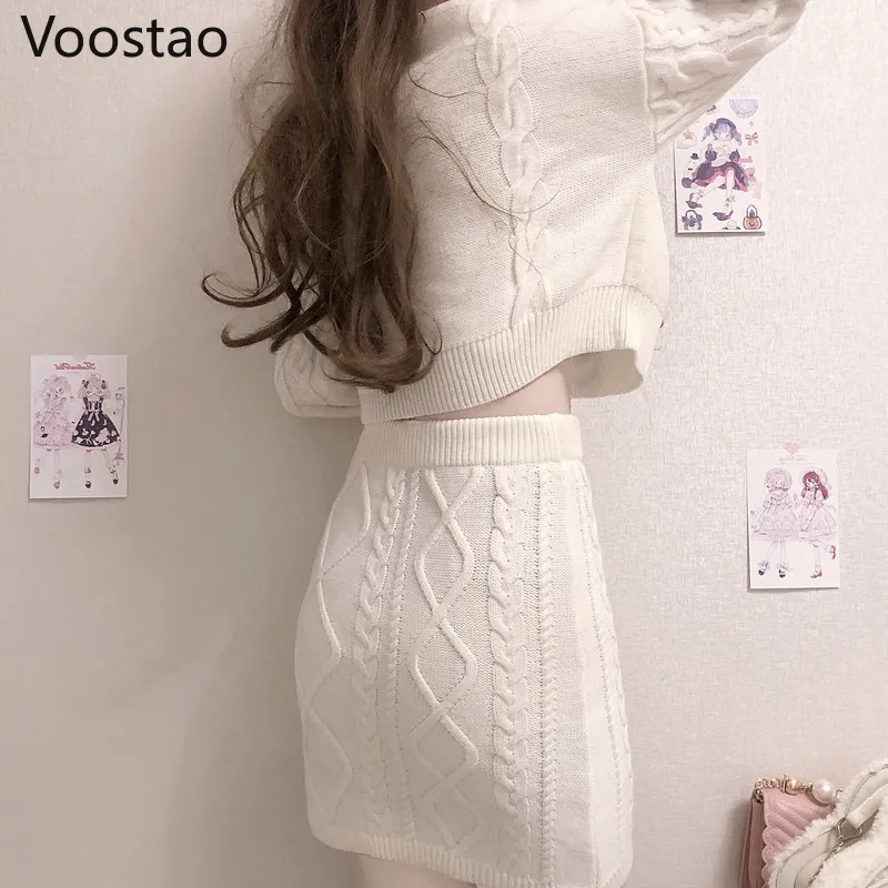 Höst vinter söt lolita stil kjol sätter japanska tjejer söt kanin broderi krintted tröja kjolar våren kvinnor set 220302