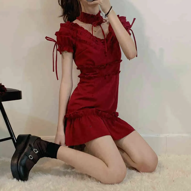 Sexy hors épaule smockée robe moulante femmes licou cou volants Mini robes rouges dames courte fête Club robe Vestidos Y1204