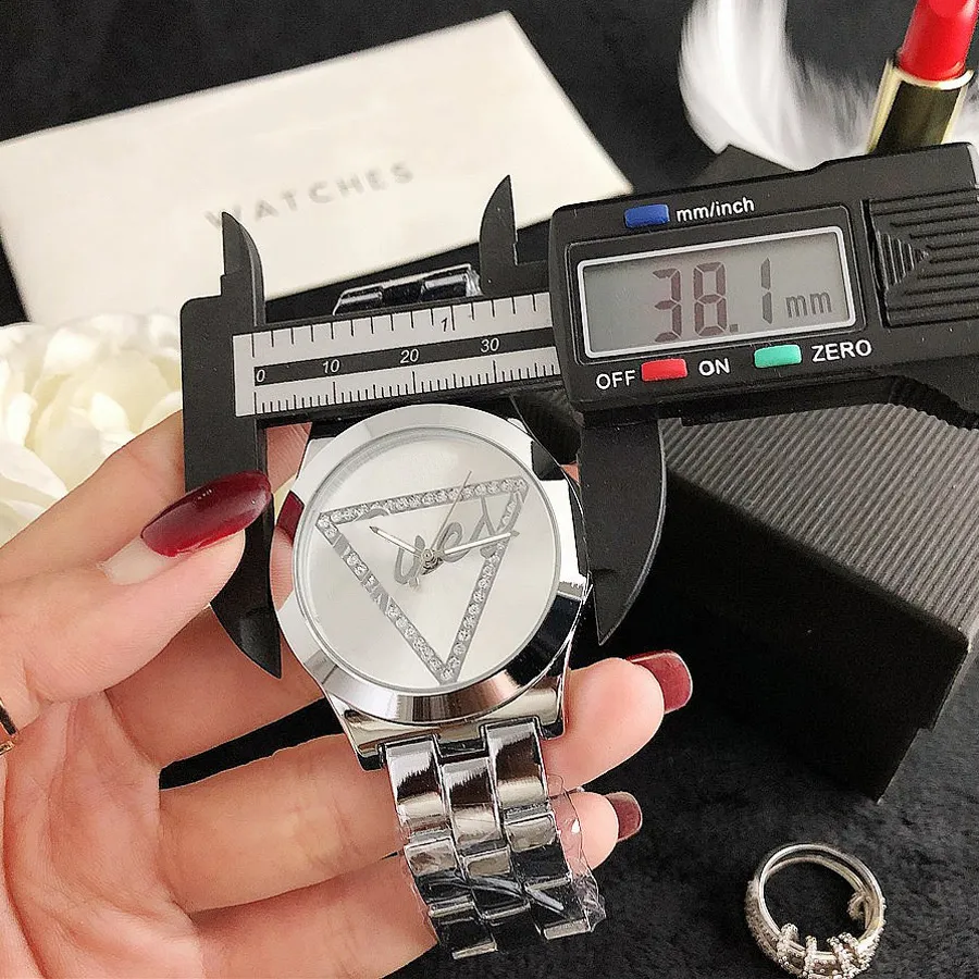 Brand Watch Women Girl Crystal Triangle Style Metal Steel Band Quartz Wrist Watches GS 37215G