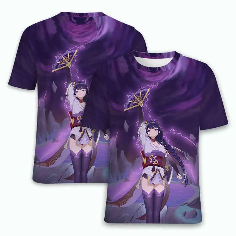 Genshin Impact Футболки RAIDEN Shogun Anime Game Sexy Girls 3D Print Мужчины Женщины футболки Негабаритные Tee Tees Топы Harajuku Детская Одежда Y220214