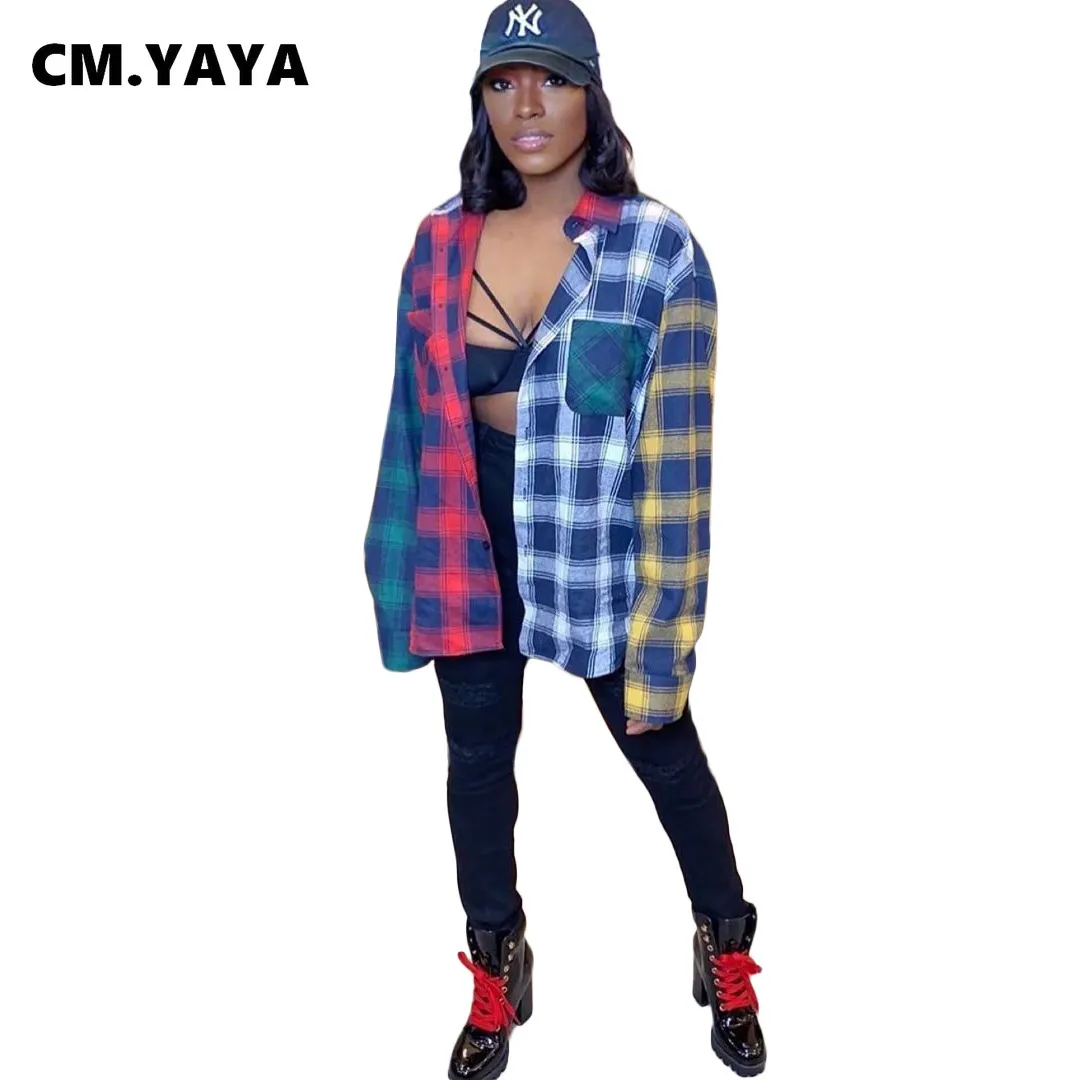 CM.YAYA Automne Printemps Plaid Patchwork Femmes Boutonné À Manches Longues Haut Bas Blouses Chemise Activewear Street Tops 210302