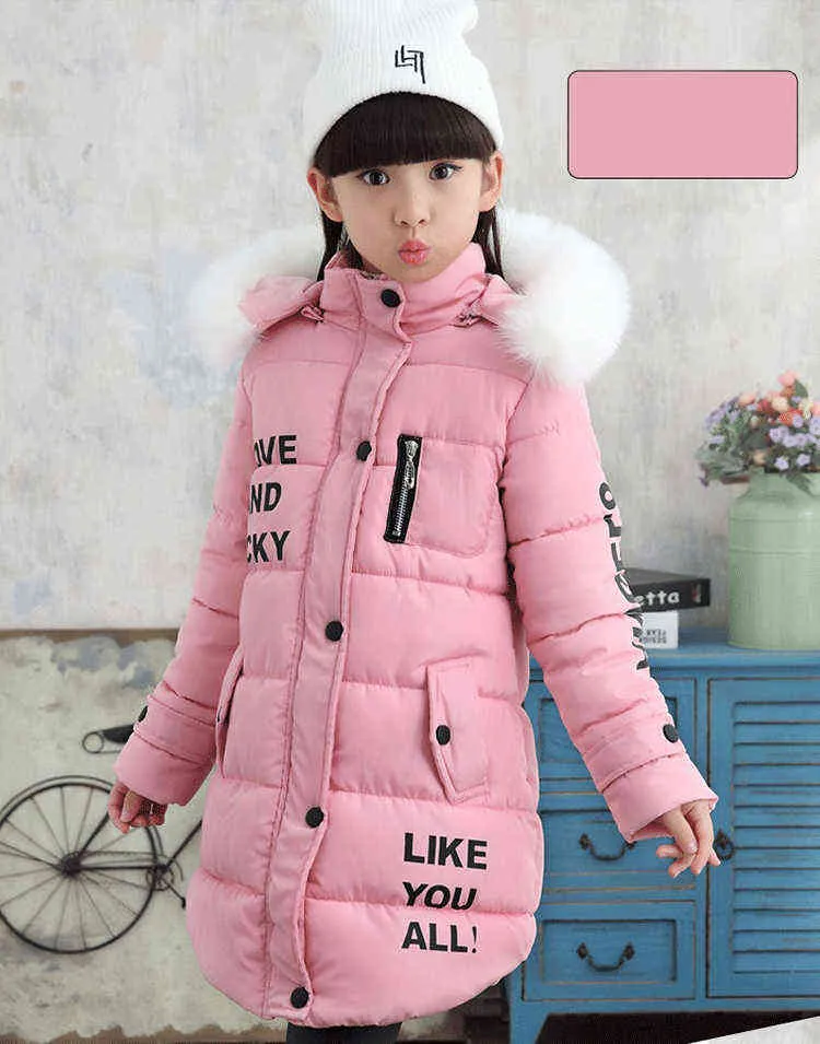 Withstand The Severe Cold Thick Keep Warm Winter Jacket For Girls Letter Hooded Kids Outerwear Teenager Long Windbreaker Coat 211204