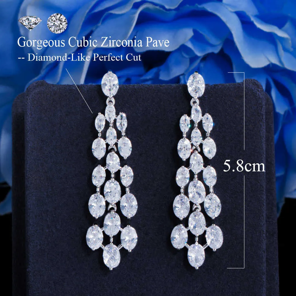 Elegant Water Droplets White Cubic Zirconia Dangle Drop Chandelier Long Pageant Bridal Wedding Earrings Jewelry CZ889 210714