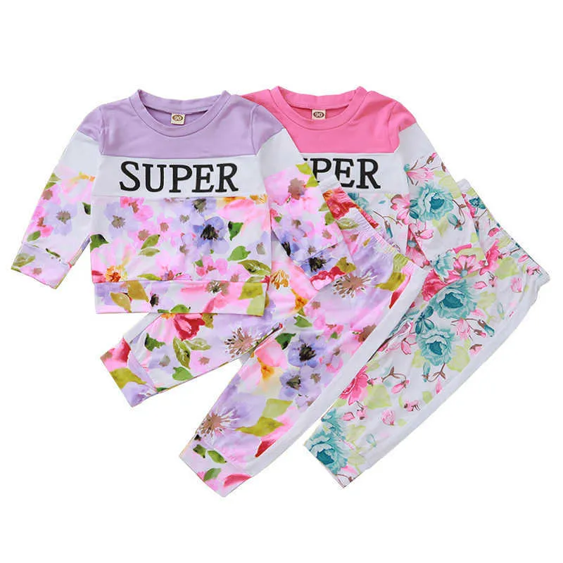 Winter Kinder Sets Casual Langarm O Hals Brief Patchwork T-shirt Druck Hosen Nette 2 stücke Mädchen Kleidung 6M-4T 210629