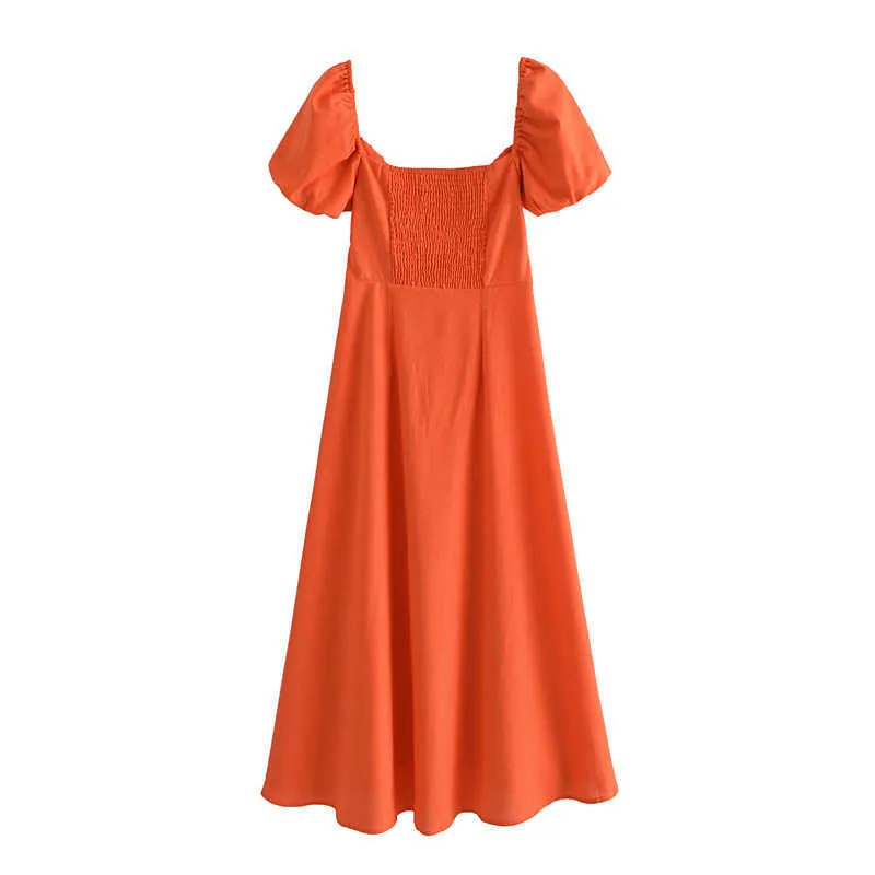 Tangada Sommer Mode Frauen Solide Orange Kleid Plissee Puff Kurzarm Damen Casual Midi Kleid Vestidos 3H671-1 210609