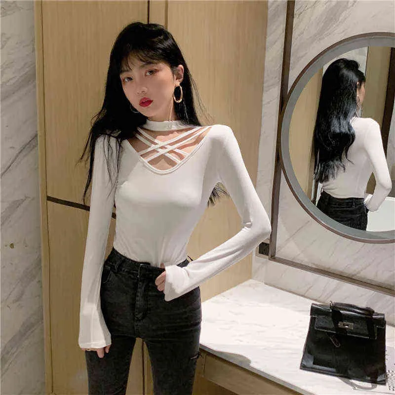V-neck Halter Cross Design Sexy Bottoming Shirt Long-sleeved Solid Blouse Top 2022 Spring Autumn New Women Clothing H1230