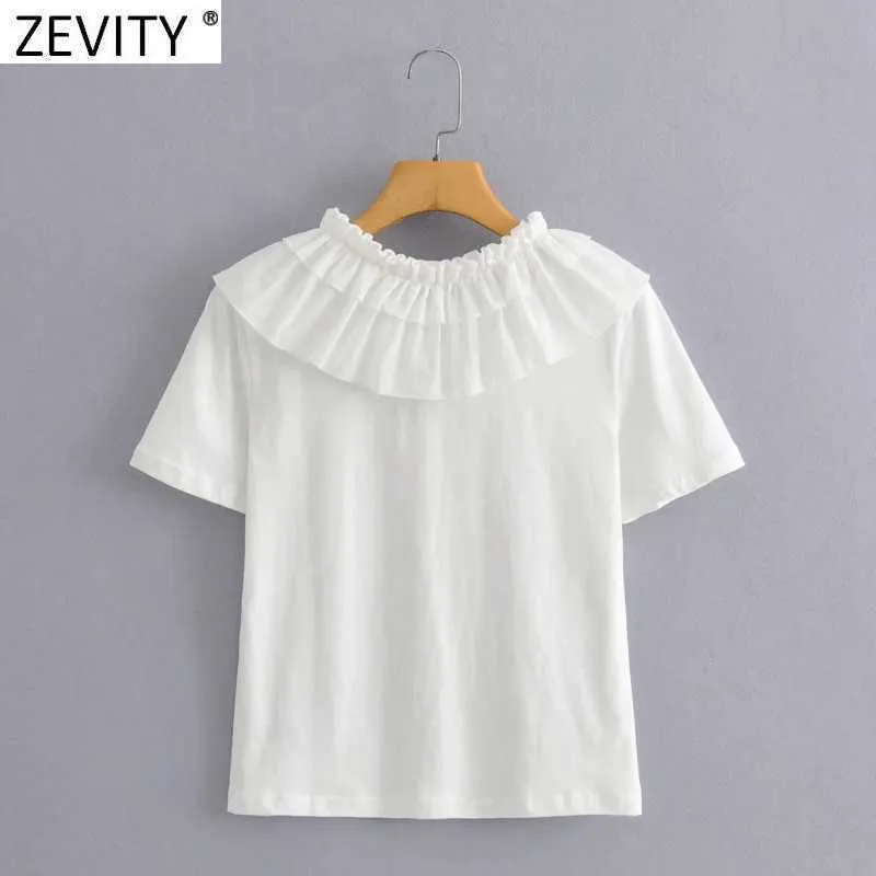Zevity Women Sweet Cascading Ruffles Dekoration Casual White T-shirt Kvinna Chic Kortärmad Stickning Sommar Toppar T695 210603