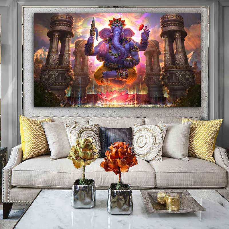 Wall Art Print Lord Ganesha Vinayaka Ganapati Standbeeld Boeddha Schilderij Religie Art Gouden Olifant Decoratieve Schilderijen H1110