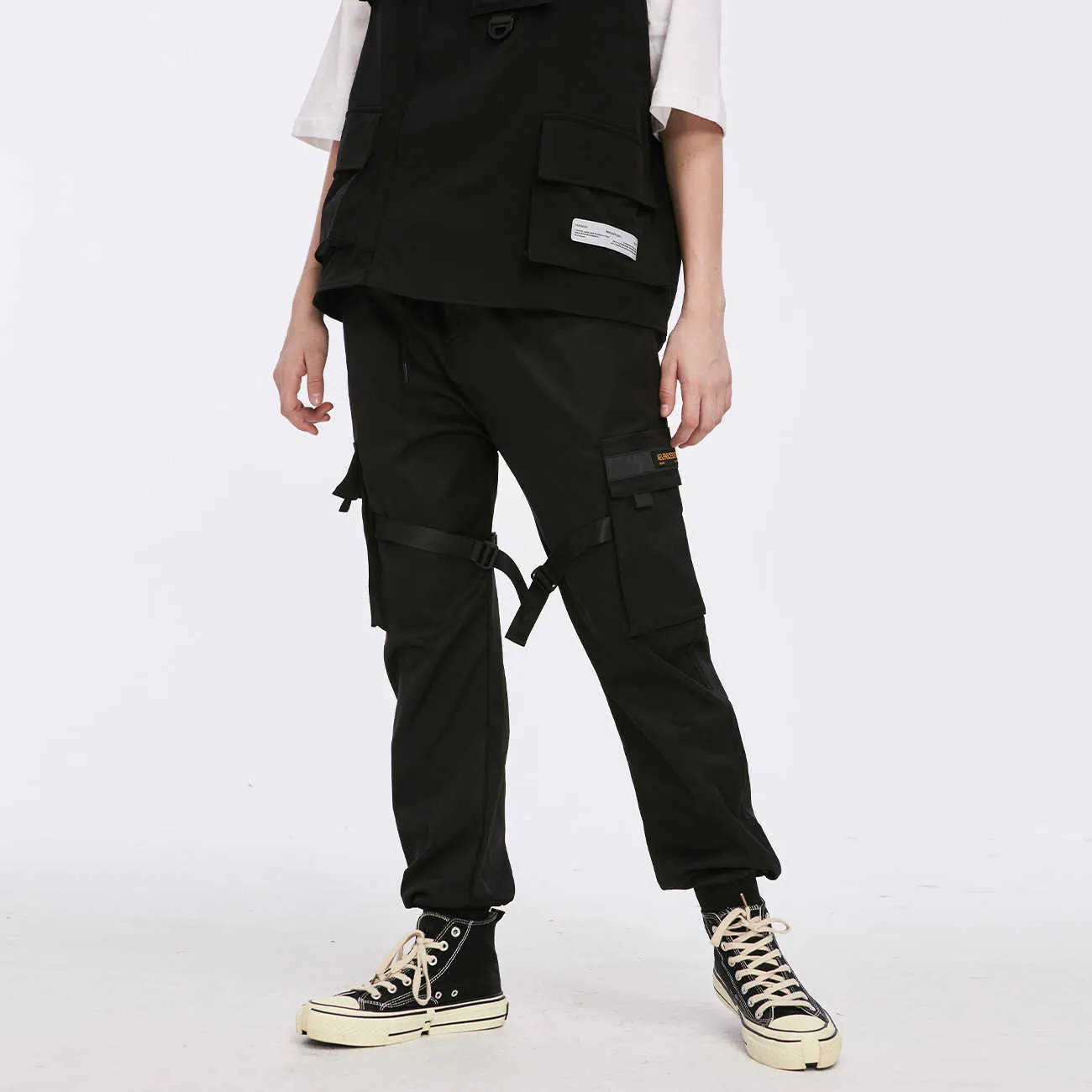 LACIBLE Hip Hop Cargo Pants Nastri Uomo Nero Streetwear Harajuku Techwear Pantaloni tattici Pantaloni Harem Pantaloni sportivi Punk 210709