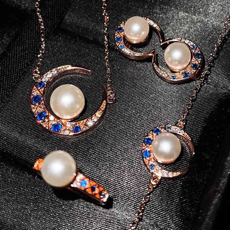 2021 Trend Moon Pendant Necklace Pearl Jewelry Set Elegant Dainty Earrings Bracelet Promise Ring For Women Wedding Party