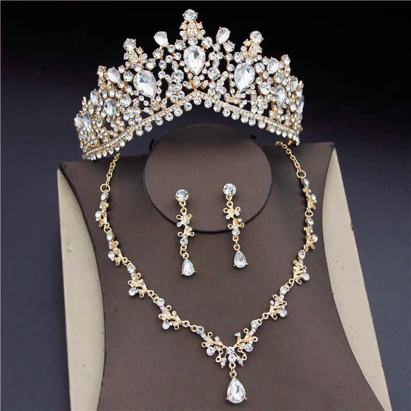 Baroque Gold Flower Diadem Bridal Jewelry Sets for Women Luxury Party Prom Bride Tiara Crown Necklace Earrings Wedding Set H1022