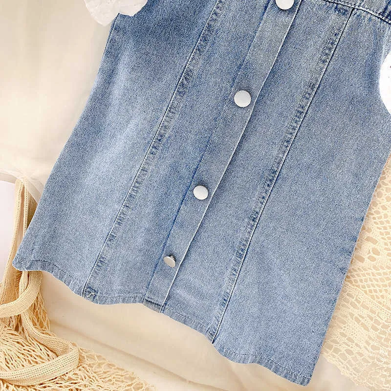 Mode bébé fille Jean dentelle patchée robe manches bouffantes infantile enfant en bas âge fille été Denim robe bébé vêtements 1-10Y Q0716