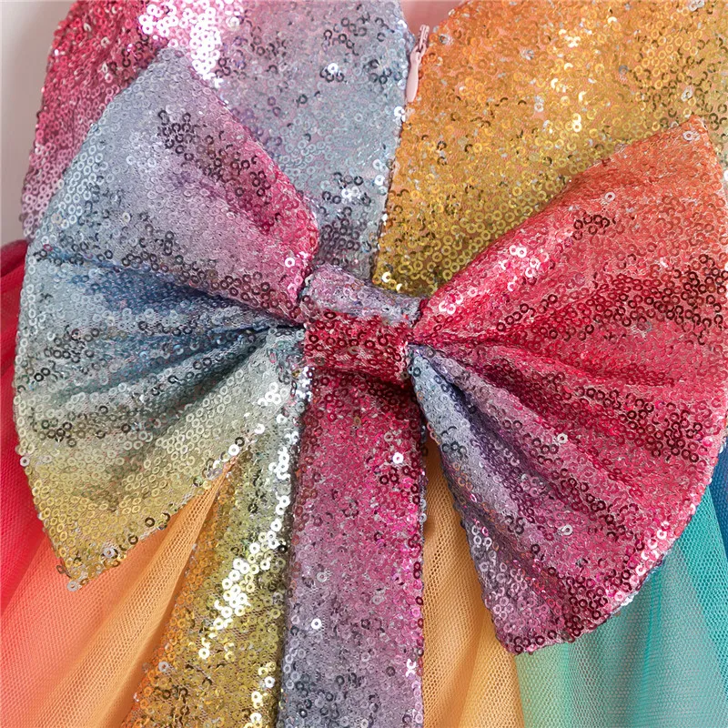 Vestito da festa principessa color arcobaleno ragazze Big Bowknot Costume da compleanno di 1 anno Vestito da ragazza con paillettes brillanti di lusso 210303